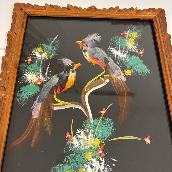 Vintage Mexican feather art bird paintings carved wood frames SET OF TWO 12X10 - Picture 3 of 14
